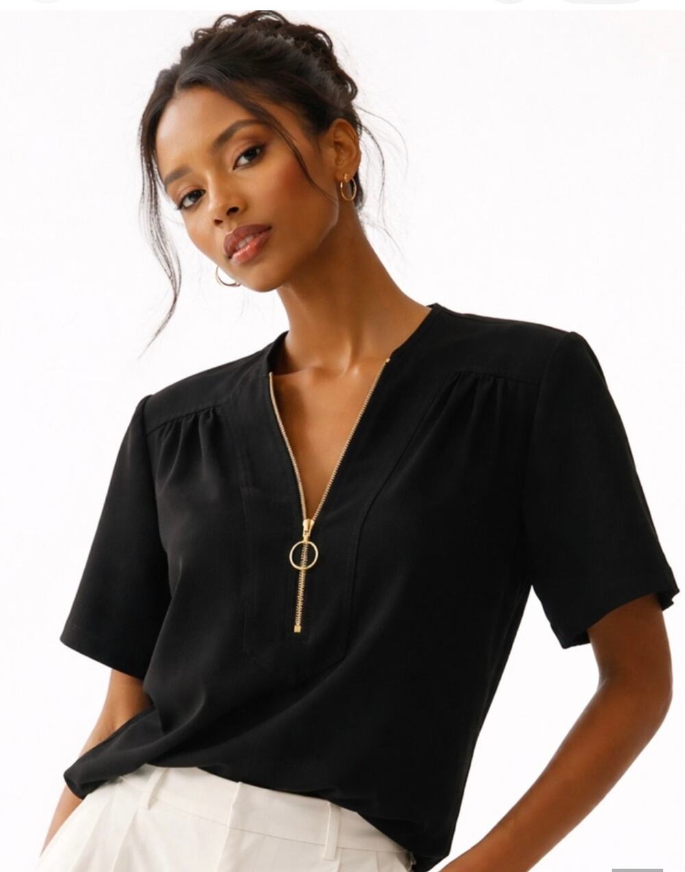 Trina Turk Black Zipper Front Top, Black, Medium